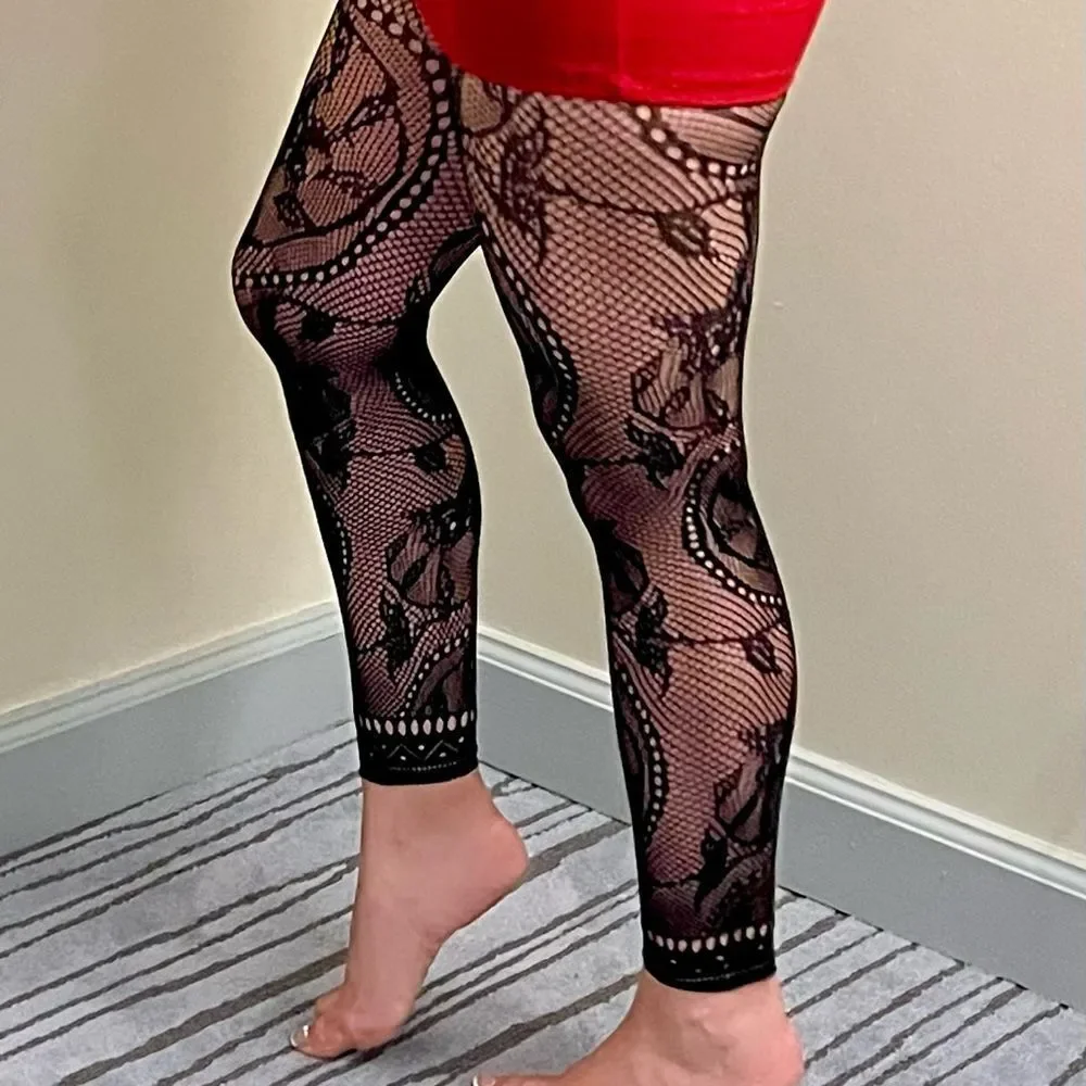 Footless Floral Pattern Fishnet Tights - Picture 3 of 10